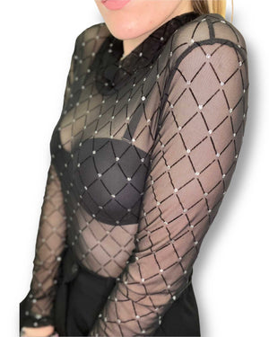 Body manica lunga velato con strass mondello store